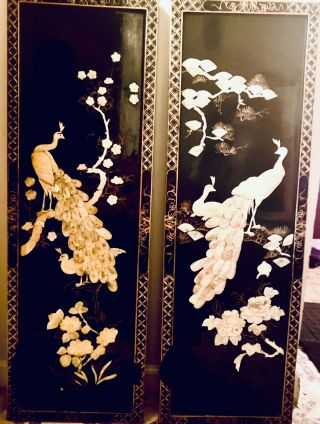 2 Pc Chinese Black Lacquered Wall Panels Mother Of Pearl Peacocks