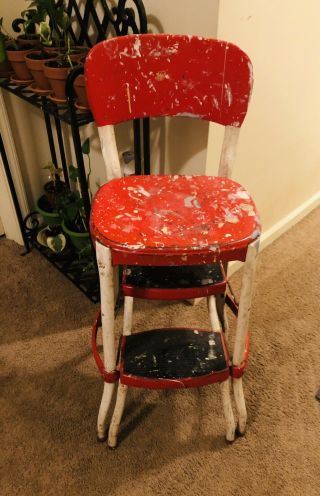 True Vintage Cosco Red Kitchen Step Stool Chair,  Retro,  Sliding Steps
