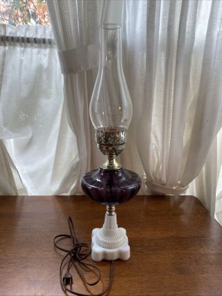 Vintage Amethyst Purple Oil Font Electrified Table Lamp W/ Milk Glass Base