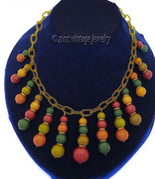 Vintage Red Green Orange Colorful Bakelite Fringe Charm Celluloid Chain Necklace