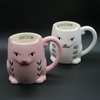 2 Sheffield Home Cups Mugs Pink " Crazy Cat Lady " And White " Are You Kitten Me? "