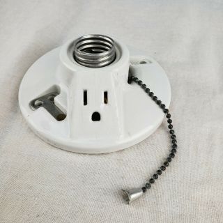 Vtg White Porcelain Ceiling Light Fixture Socket Chain Electrical Outlet Leviton