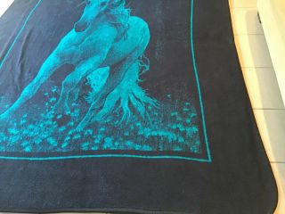 Vintage San Marcos Blanket Blue/Green & Black Horse 92x72 2