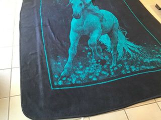 Vintage San Marcos Blanket Blue/Green & Black Horse 92x72 3