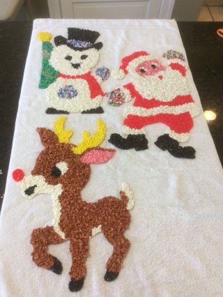3 Vintage Christmas Melted Plastic Popcorn Decorations,  Rudolph - Santa - Snowman