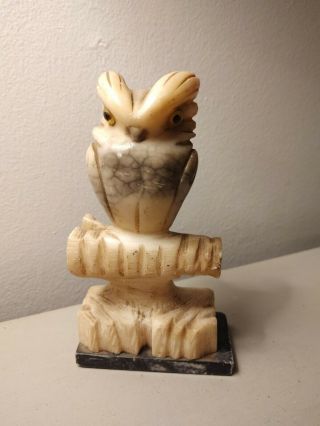 Vintage Hand Carved Alabaster Marble Stone Owl Paperweight Figurine - 6 1/2 " Tall