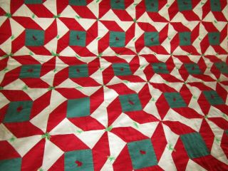 Vintage handmade QUILT 84x67 red/green/white solid fabrics UNK PATTERN windmill? 2