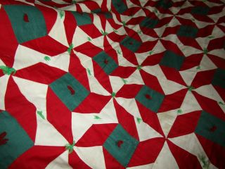 Vintage handmade QUILT 84x67 red/green/white solid fabrics UNK PATTERN windmill? 3