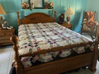 Vintage Double Wedding Ring Quilt Top 50 ' s Fabric Prints 79 x 94 2