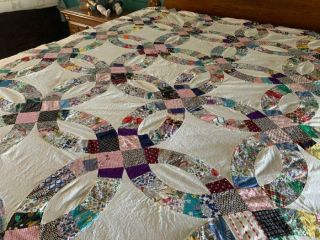 Vintage Double Wedding Ring Quilt Top 50 ' s Fabric Prints 79 x 94 3