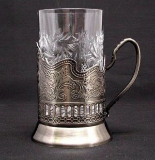Set of 3 Russian Tea Glass Holders Podstakannik with Soviet Cut Crystal Glasses 2