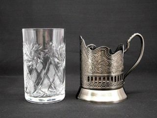 Set of 3 Russian Tea Glass Holders Podstakannik with Soviet Cut Crystal Glasses 3