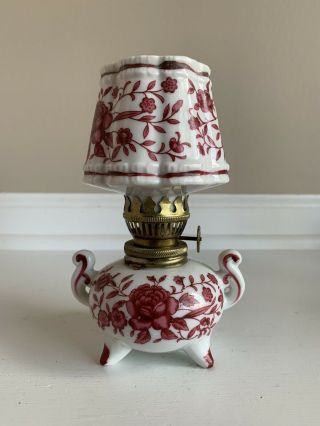 Vintage Miniature Cranberry Floral Ceramic Footed Oil Lamp W/ Matching Shade 6”
