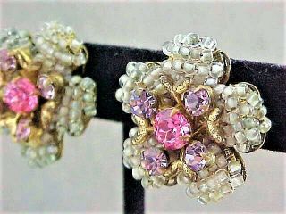 Vintage Miriam Haskell Clear Bead Earrings With Pink & Lavender Rhinestones