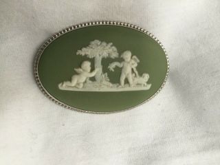 Silver Cherubs Wedgewood Ceramic Brooch Vintage Green & White Jasperware Brooch