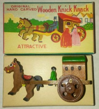 Hand Carved Wooden Knick Knack Attractive Horse Carriage Box Japan