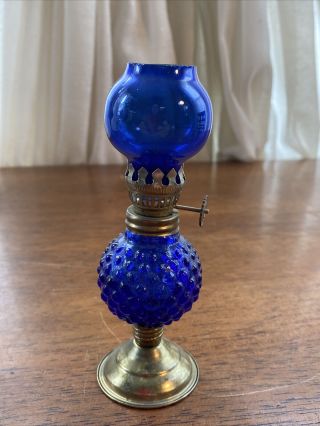 Vintage Hobnail Cobalt Blue Glass Miniature Kerosene Oil Lamp With Globe Chimney