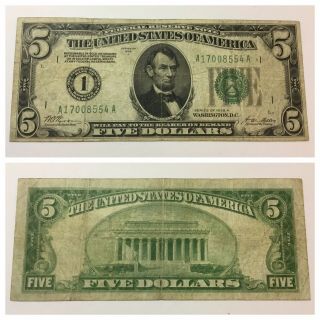 Vintage Numerical 1 $5 Federal Reserve Note 1928 - A Five Dollars Boston Green