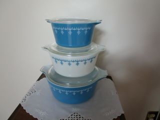 Vintage Pyrex Snowflake Garland Casserole Dishes W/lids Set Blue White