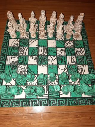 Vintage Carved Malachite Handcrafted Chess Set (conquistador Aztec Mayan)