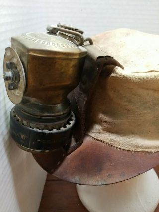 Vintage Coal Miners Hat Cloth Canvas W/ Leather & Carbide Lamp