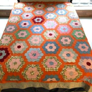 Outstanding Vintage Hand Pieced Feed Sack & Shirting Flower Garden Quilt Top