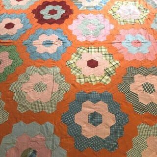OUTSTANDING Vintage Hand Pieced Feed Sack & Shirting FLOWER GARDEN Quilt TOP 3