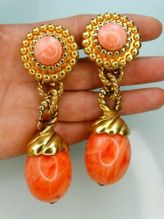 Ben - Amun Runway Couture Vtg Gilt Pink Coral Huge 3.  75 " Dangle Statement Earrings
