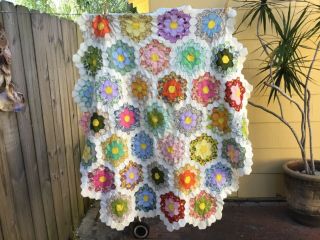 Vintage Quilt Top Flower Garden Hand Pieced