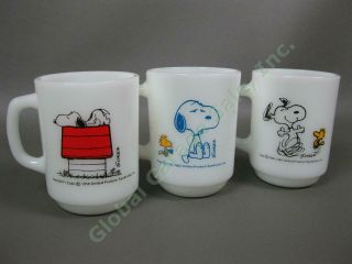 5 Vintage 1965 Peanuts Snoopy Anchor Hocking Determined Milk Glass Mug Set NR 2