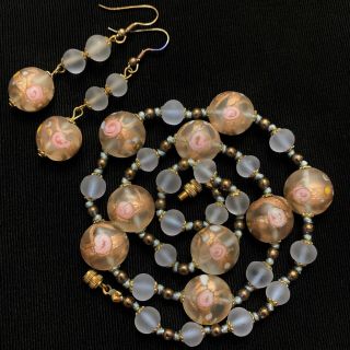 Vtg Murano Satin Wedding Cake Frosted Glass Coin Bead Necklace & Earrings Set