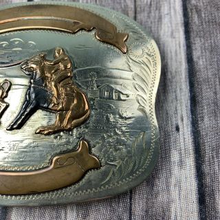 COMSTOCK SILVER Vintage Rodeo Calf Roping Trophy Belt Buckle 2