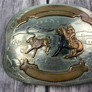 COMSTOCK SILVER Vintage Rodeo Calf Roping Trophy Belt Buckle 3