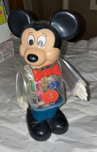 Vintage Mickey Mouse Wind Up Toy W Wheels Gears Clear Body Gabriel
