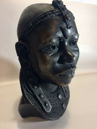 Ebony Iron Wood Carving Female African Tribal Head Bust Statue Detailed