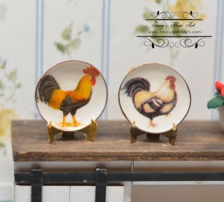 1:12 Dollhouse Miniature Rooster And Chicken Plate Bb Cdd299