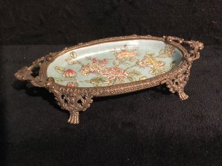 Vintage Chinese Hand - Painted Porcelain And Brass Vanity Or Decorative Dish - 803