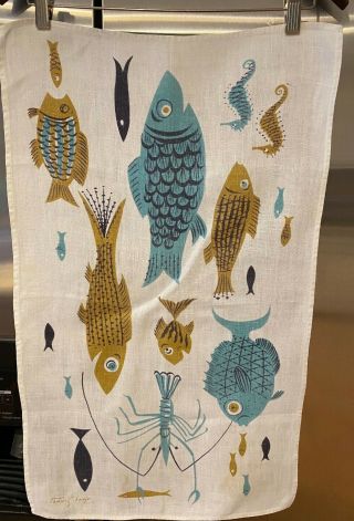 Nos Vintage Linen Tea Towel Tammis Keefe - Catch Of The Day - Aqua Fish Towel