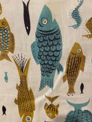 NOS Vintage Linen Tea Towel Tammis Keefe - Catch of the Day - Aqua Fish Towel 3