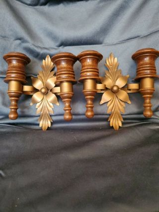 Wall Sconces Pair Wood Gold Tone Metal Candle Holders Home Interior Vintage