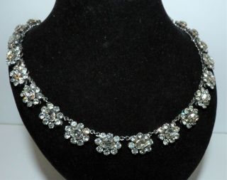 Vintage Art Deco Riviere Collar Necklace Sparkling Paste Daisy Flower Chrome