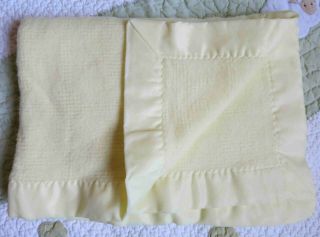 Vintage Yellow Acrylic Woven W Nylon Satin Edge Baby Blanket W Star Perforations