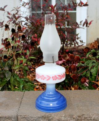Vintage Oil Kerosene Parlor Lamp Blue & White Red Flowers - Frosted Shade