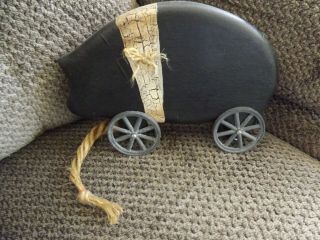 Primative Pig Farmhouse Folk Art Wooden Pig Pull Toy Wheels Home Country Decor