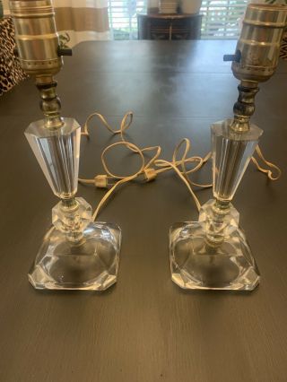 Vintage Pair Art Deco Stacked Clear Glass Table Lamps Mid Century