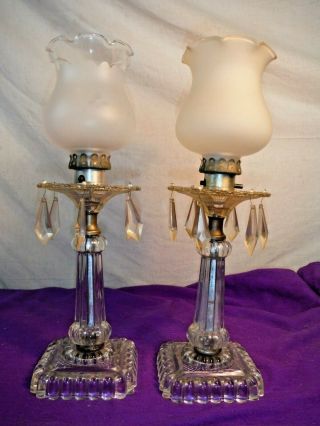 Pair Vintage Crystal Chandelier Table Boudoir Lamps Glass Plastic Crystal Prisms