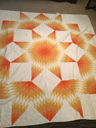 Vintage Orange Star Pattern Quilt 82” X 80” 2