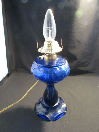 Vintage Cobalt Blue Glass Electric Oil Lamp Hobnail Heart Design Pattern 13 " Tl