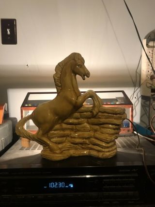 Vintage Ceramic Horse Tv Lamp Planter,  Black Stallion On Rocky Outcropping.