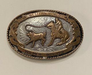 Vtg Sterling Silver Cowboy Rodeo Calf Roping Western Belt Buckle